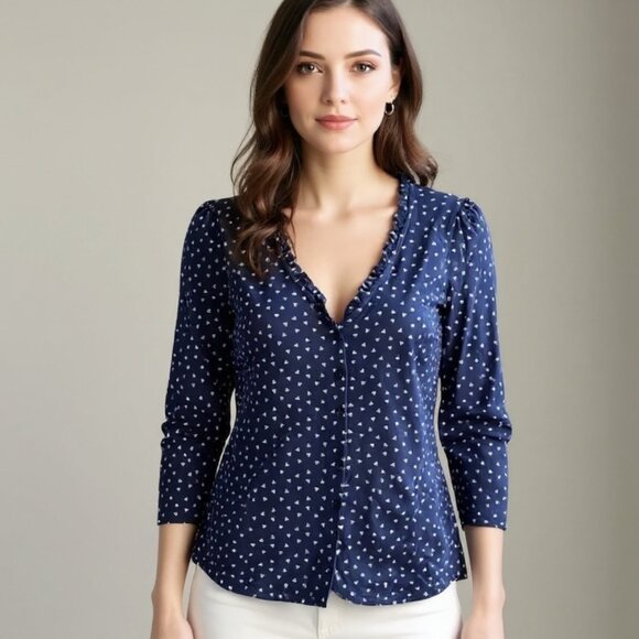 Boden Navy Blue & White Women's Polka Dot Top Ruffle Button Down Blouse Size 6 R - Picture 14 of 14